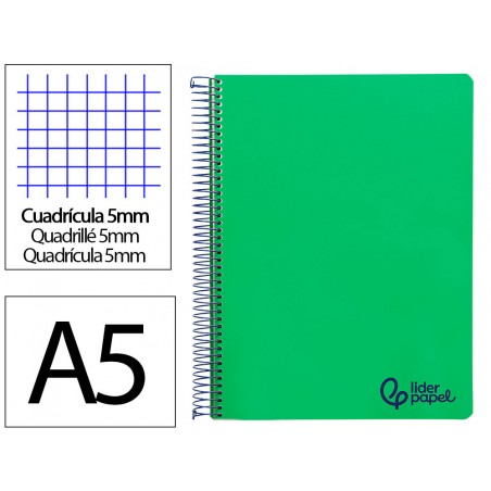 Cuaderno espiral liderpapel a5 micro wonder tapa plastico 120h 90gr cuadro 5mm 5 bandas 6 taladros color verde oscuro