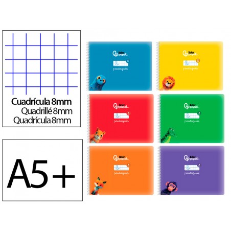 Libreta liderpapel pautaguia tapa cartoncillo 32h din a5 75gr cuadriculado pautado 8mm apaisada con margen 6 colores