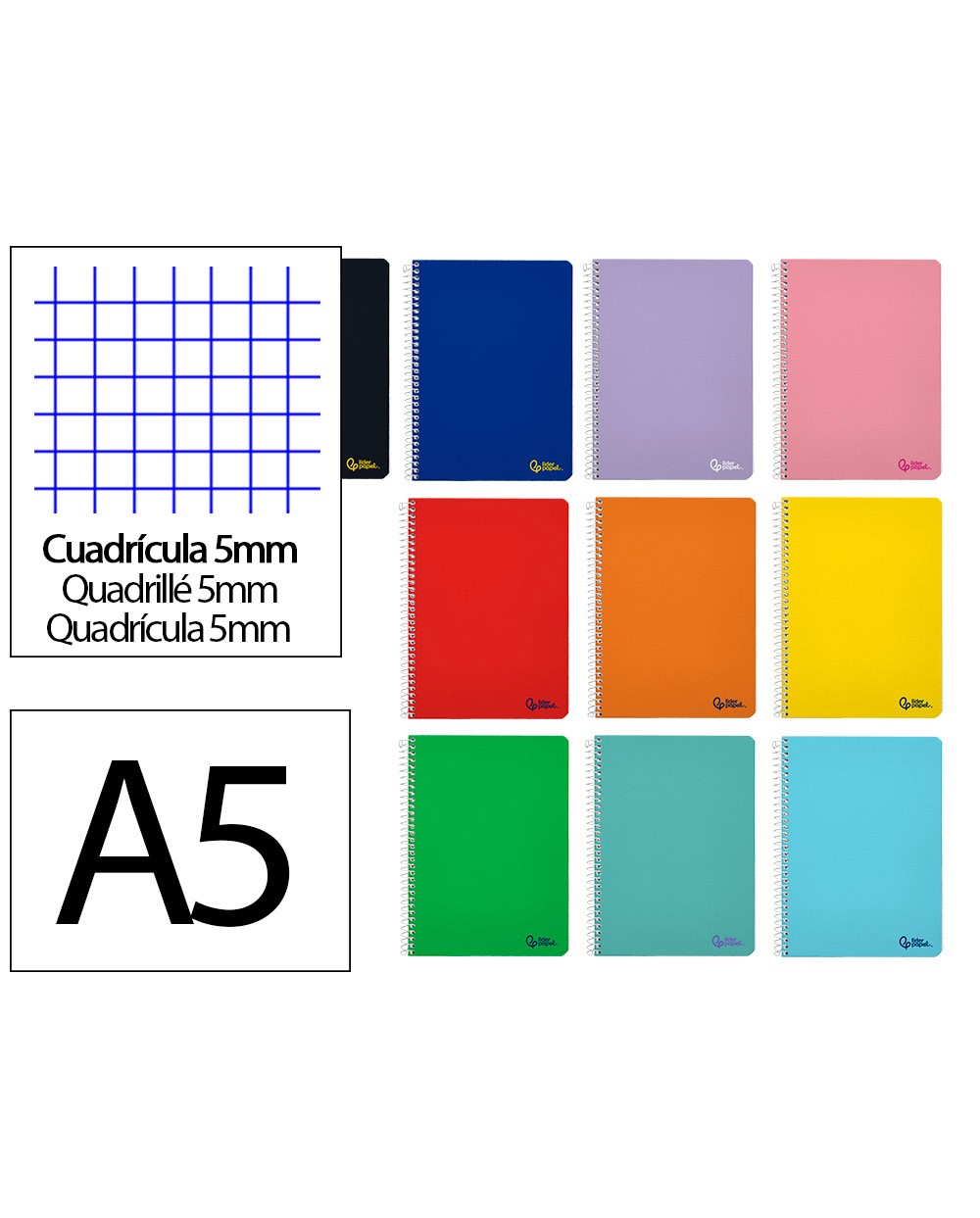 Cuaderno espiral liderpapel a5 micro smart tapa blanda 80h 75gr cuadro 5mm doble margen 6 taladros colores