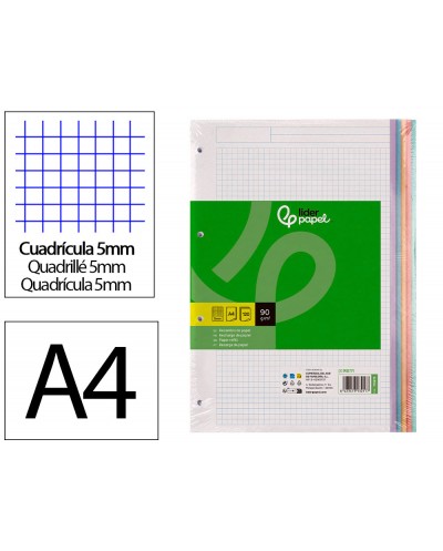 Recambio a4 liderpapel 120 hojas 90g m2 cuadro 5 mm 4 taladros bandas de 5 colores pasteles