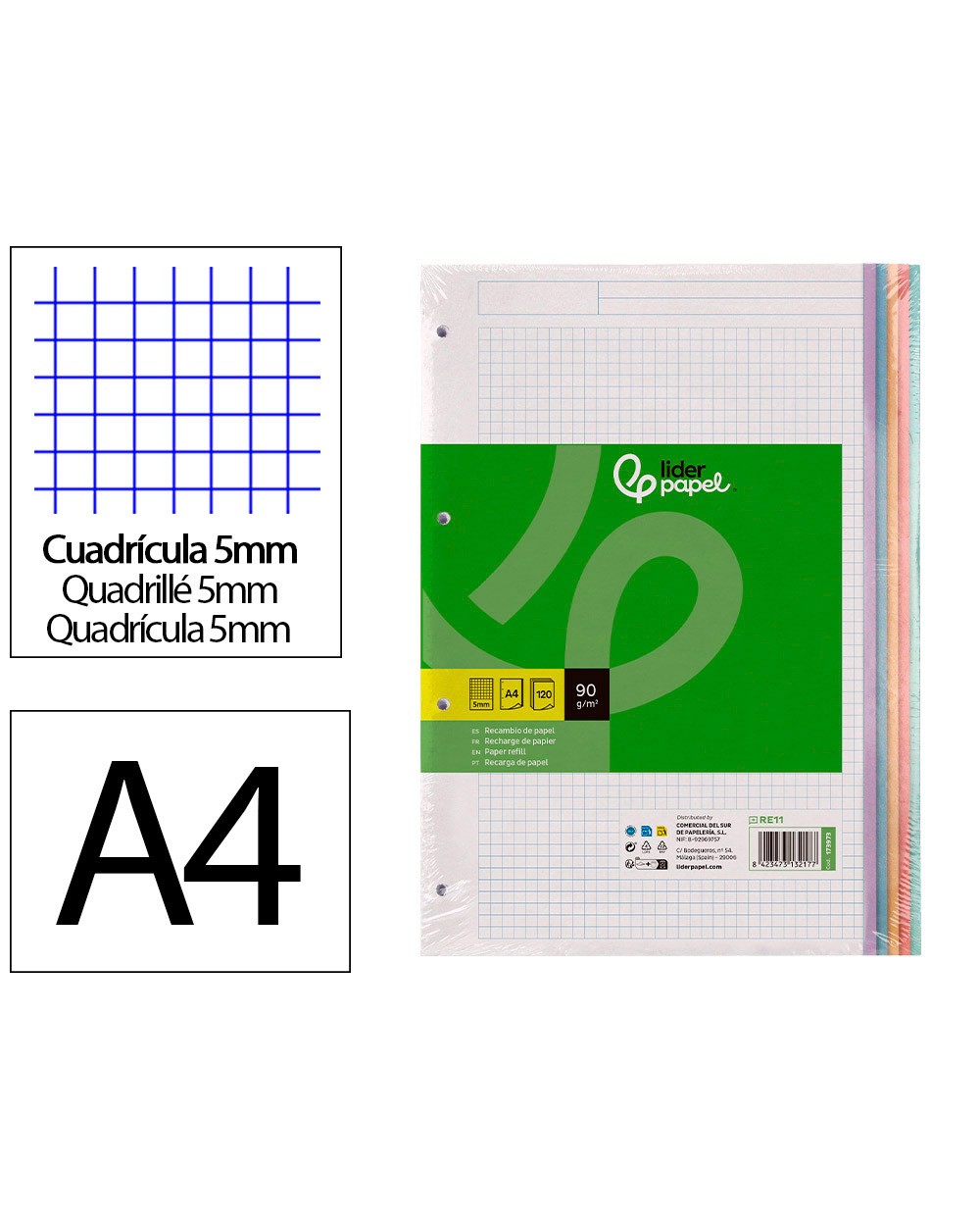 Recambio a4 liderpapel 120 hojas 90g m2 cuadro 5 mm 4 taladros bandas de 5 colores pasteles