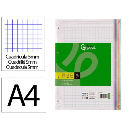 Recambio a4 liderpapel 120 hojas 90g m2 cuadro 5 mm 4 taladros bandas de 5 colores pasteles