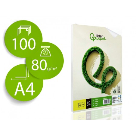 Papel liderpapel a4 80g m2 reciclado liso paquete de 100 hojas