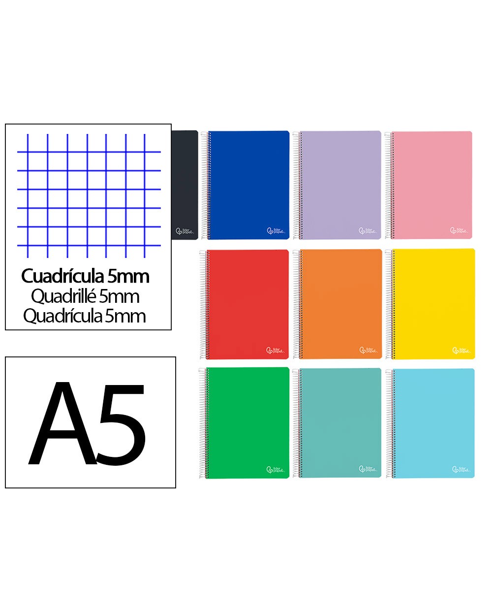 Cuaderno espiral liderpapel a5 micro witty tapa dura 120h 90gr cuadro 5mm 5 bandas 6 taladros colores surtidos