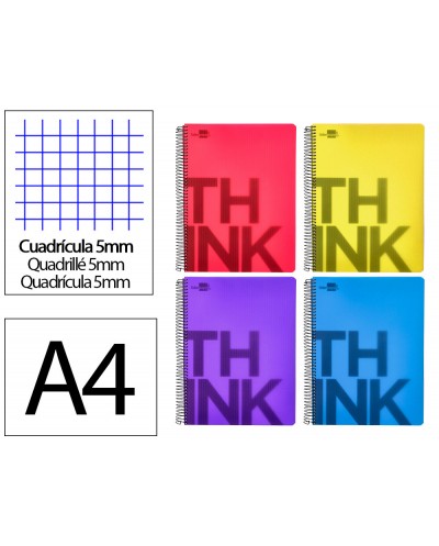 Cuaderno espiral liderpapel a4 micro think tapa plastico 140h 80 gr cuadro 5mm 5 bandas 4 taladros 4