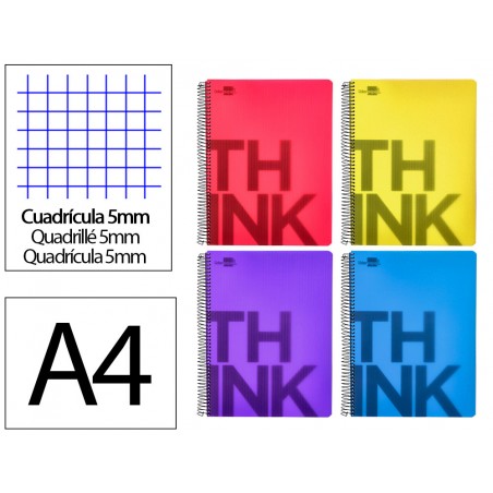 Cuaderno espiral liderpapel a4 micro think tapa plastico 140h 80 gr cuadro 5mm 5 bandas 4 taladros 4