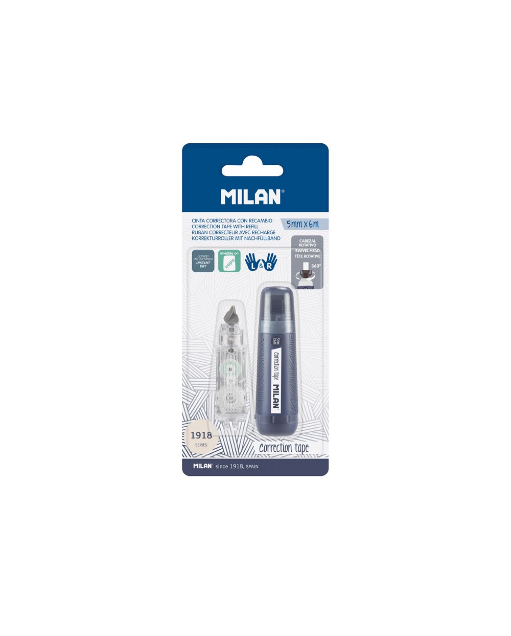 Cinta correctora milan 5 mm x 6 m coleccion 430 since 1918 azul marino blister de 1 unidad 1 recambio