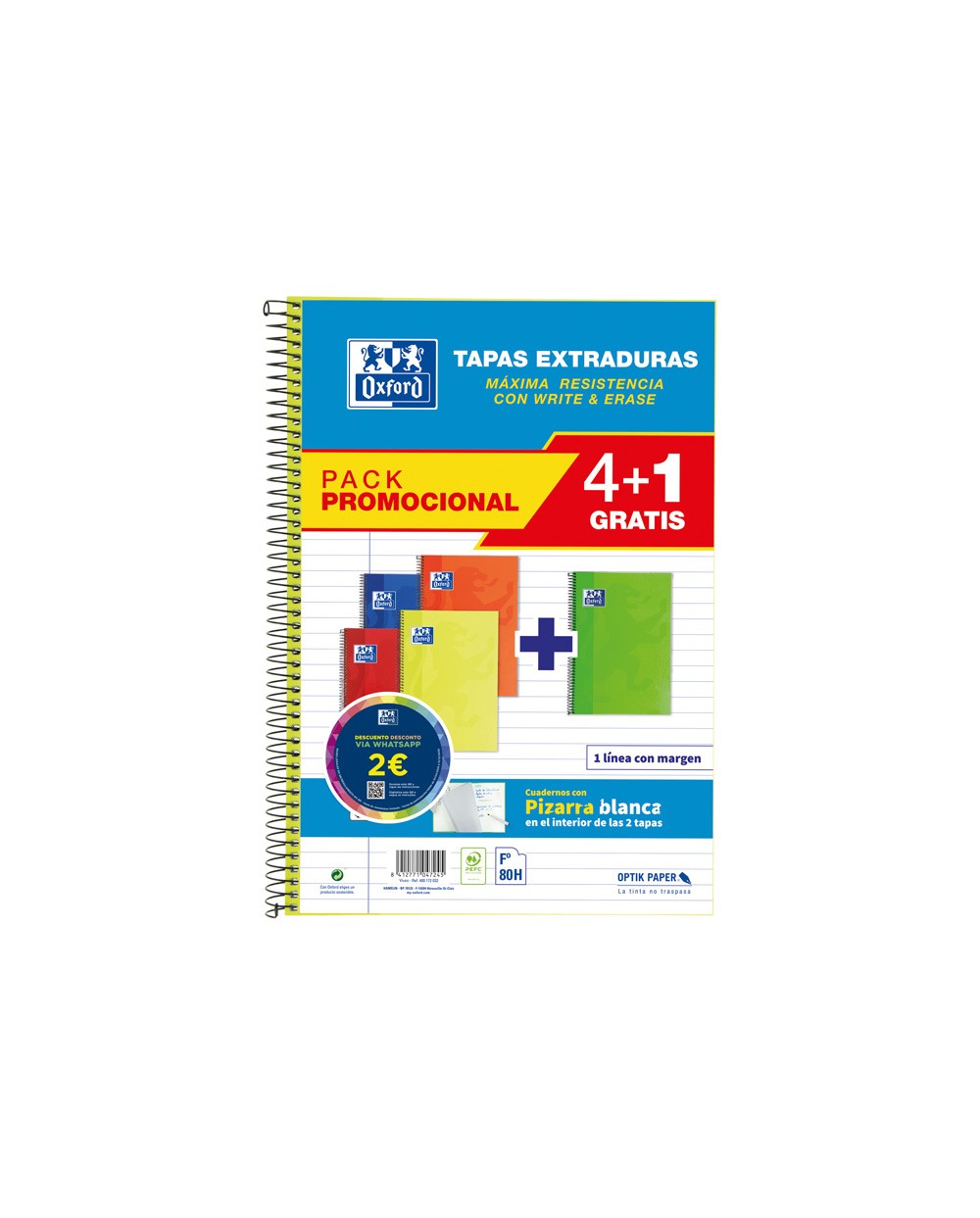 Cuaderno espiral oxford tapa extradura folio 80 hojas 90 gr rayado horizontal colores vivos pack de 41 unidades