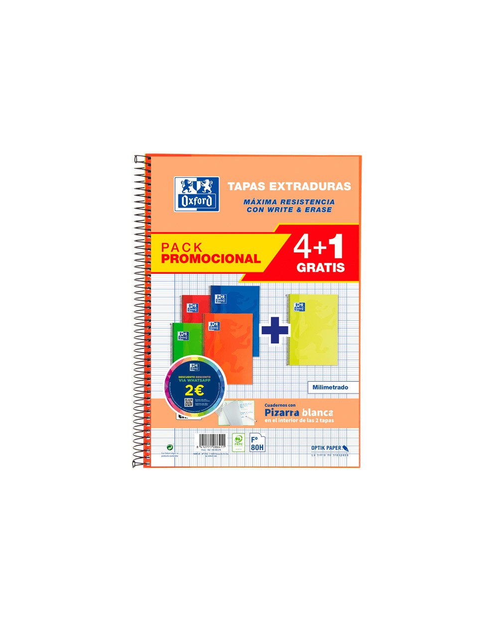 Cuaderno espiral oxford tapa extradura folio 80 hojas 90 gr cuadro 4 mm colores vivos pack de 41 unidades
