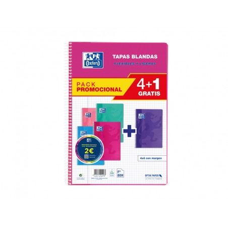 Cuaderno espiral oxford tapa blanda folio 80 hojas 90gr cuadro 4 mm colores tendencias pack de 41