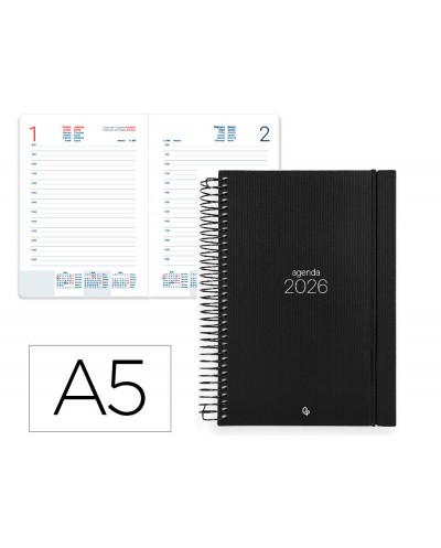 Agenda espiral liderpapel olbia a5 2026 dia pagina design 2 negro papel 60 gr