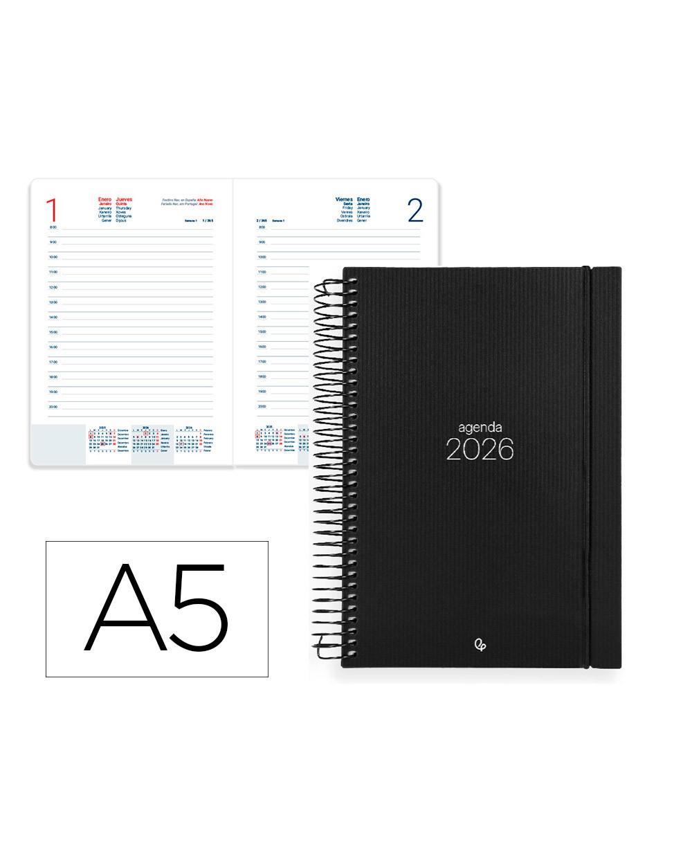 Agenda espiral liderpapel olbia a5 2026 dia pagina design 2 negro papel 60 gr