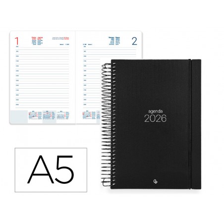 Agenda espiral liderpapel olbia a5 2026 dia pagina design 2 negro papel 60 gr