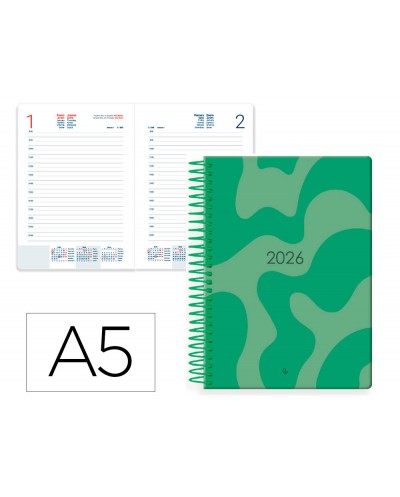 Agenda espiral liderpapel syros 150x210 mm 2026 dia pagina design 3 verde papel 60 gr