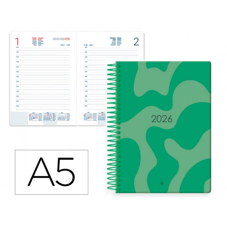 Agenda espiral liderpapel syros 150x210 mm 2026 dia pagina design 3 verde papel 60 gr