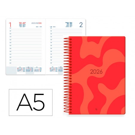Agenda espiral liderpapel syros 150x210 mm 2026 dia pagina design 2 rojo papel 60 gr
