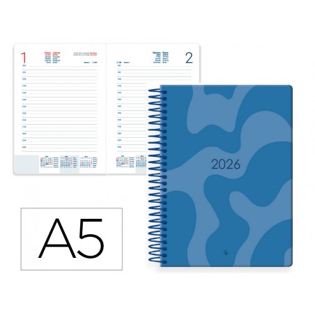 Agenda espiral liderpapel syros 150x210 mm 2026 dia pagina design 1 azul papel 60 gr