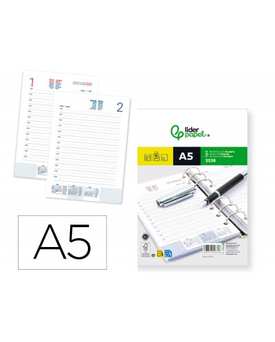 Recambio agenda anillas liderpapel 148x205 mm din a5 2026 dia pagina papel 70 gr
