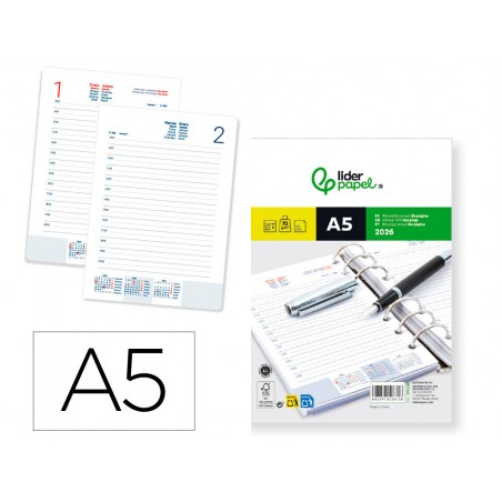 Recambio agenda anillas liderpapel 148x205 mm din a5 2026 dia pagina papel 70 gr