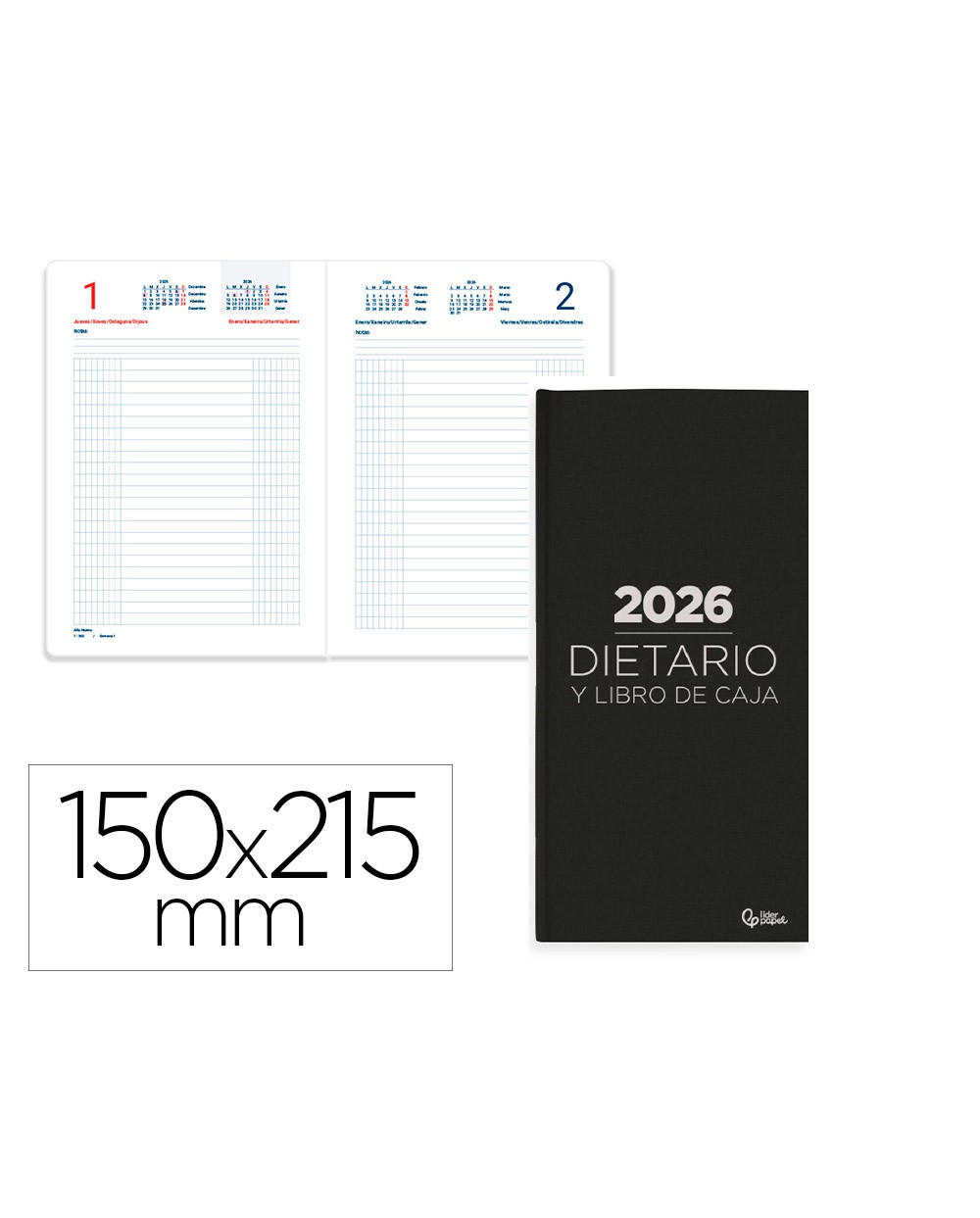 Dietario liderpapel 2026 cuarto 150x215 mm dia pagina color negro papel 70 gr