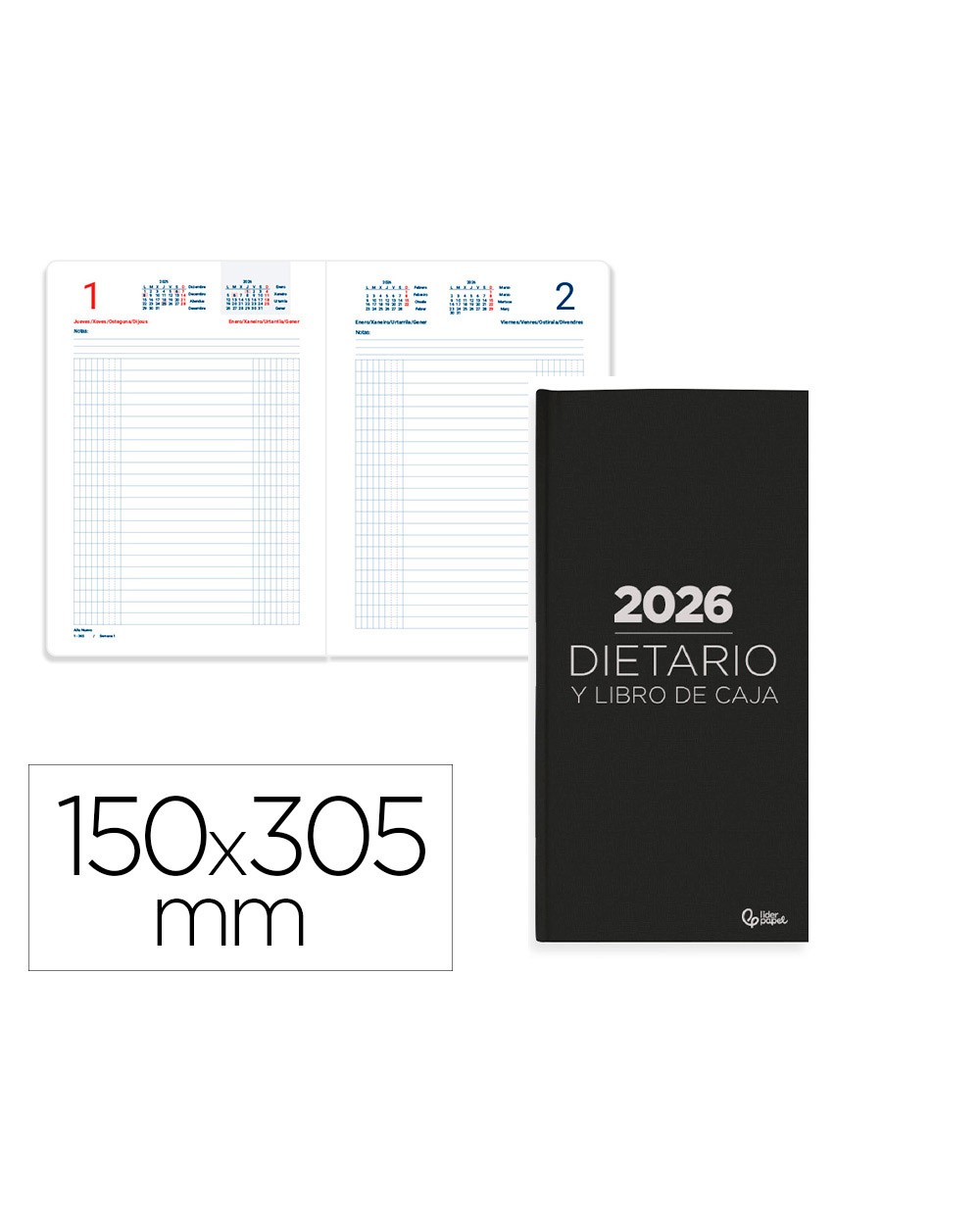 Dietario liderpapel 2026 dos tercios 150x305 mm dia pagina color negro papel 70 gr