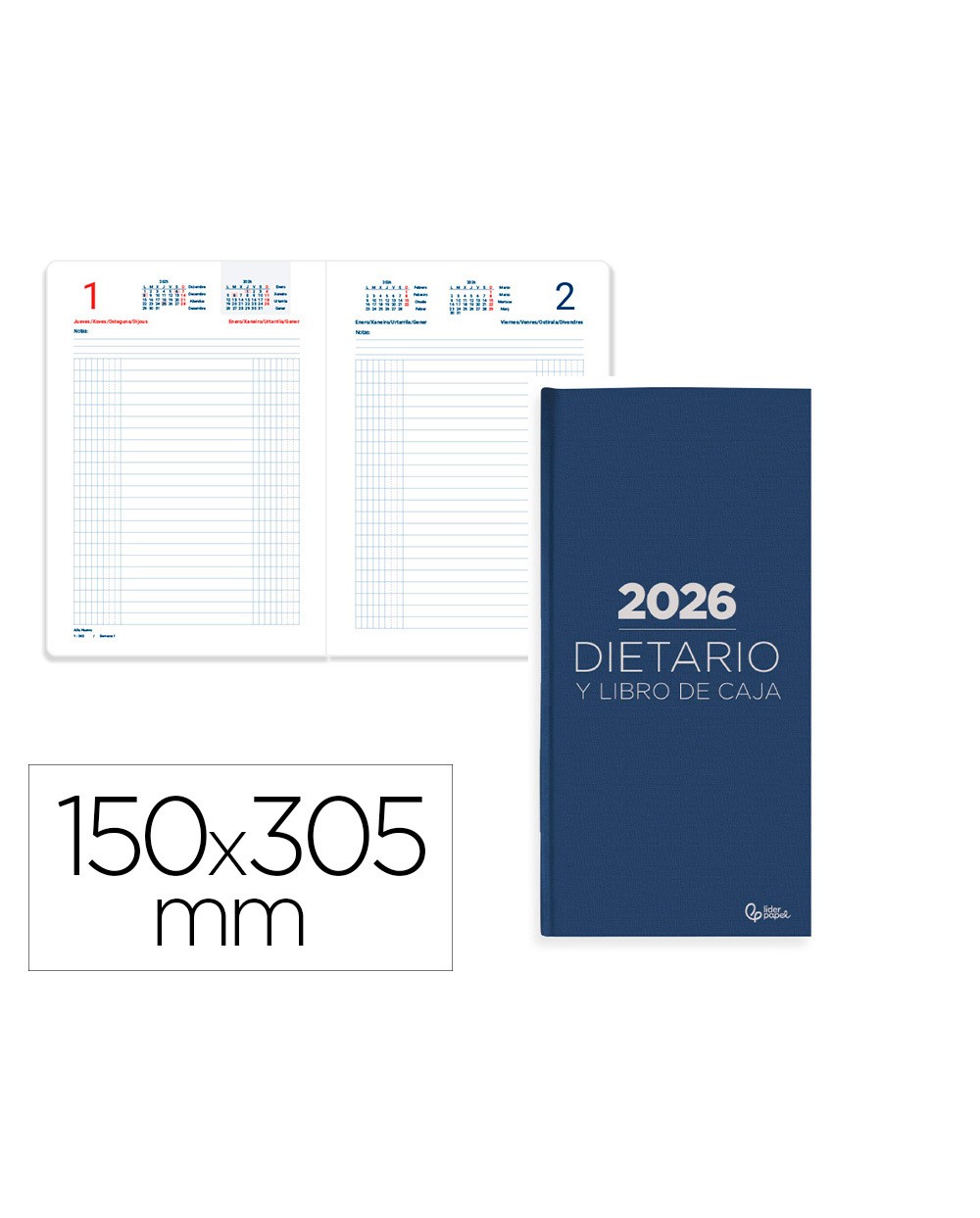 Dietario liderpapel 2026 dos tercios 150x305 mm dia pagina color azul papel 70 gr
