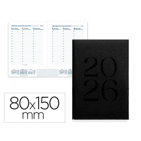 Agenda encuadernada liderpapel creta 80x150 mm 2026 semana vista negro papel 70 gr