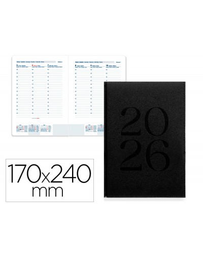 Agenda encuadernada liderpapel creta 170x240 mm 2026 semana vista negro papel 70 gr