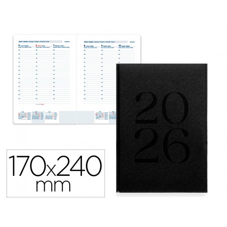 Agenda encuadernada liderpapel creta 170x240 mm 2026 semana vista negro papel 70 gr