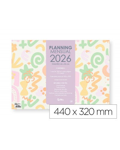 Planning mensual liderpapel joven 2026 44x32 cm con pegatinas lomo engomado papel 128 gr