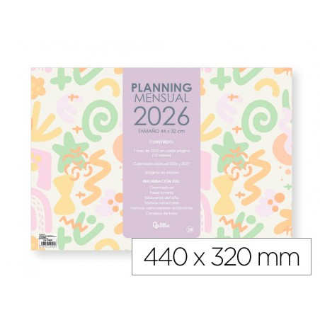 Planning mensual liderpapel joven 2026 44x32 cm con pegatinas lomo engomado papel 128 gr