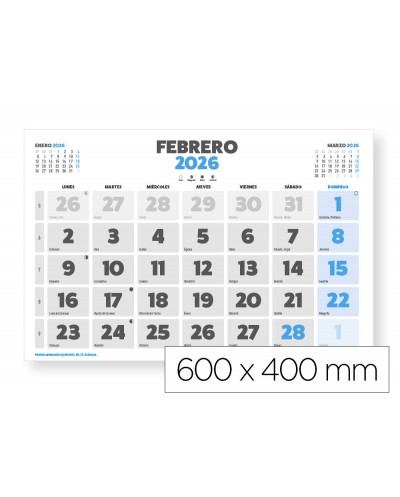 Calendario pared liderpapel clasico 2026 lomo engomado 60x40 cm papel 105 gr