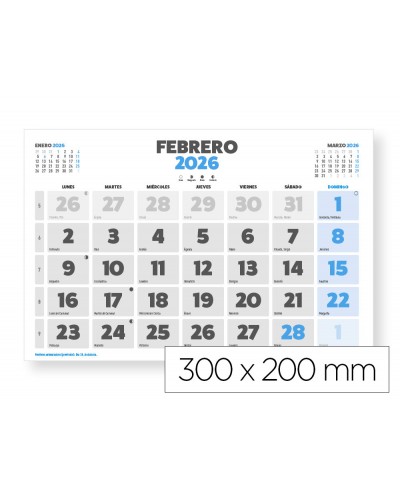 Calendario pared liderpapel clasico 2026 lomo engomado 30x20 cm papel 105 gr