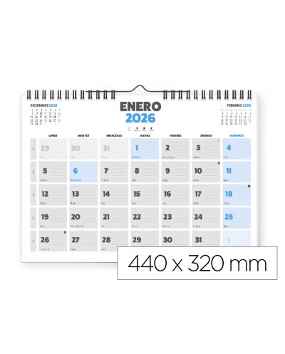 Calendario pared liderpapel clasico 2026 espiral 44x32 cm papel 128 gr