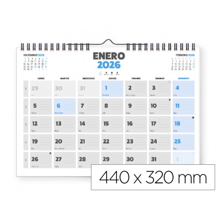 Calendario pared liderpapel clasico 2026 espiral 44x32 cm papel 128 gr
