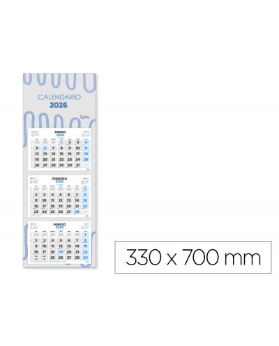 Calendario pared liderpapel 3 meses vistas 2026 plegable 33x70 cm papel 90 gr