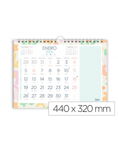 Calendario espiral pared liderpapel joven 2026 numeros grandes 44x32 cm papel 128 gr con pegatinas