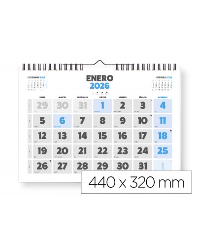 Calendario espiral pared liderpapel clasico 2026 numeros grandes 44x32 cm papel 128 gr