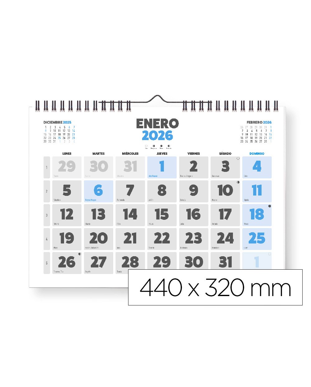 Calendario espiral pared liderpapel clasico 2026 numeros grandes 44x32 cm papel 128 gr