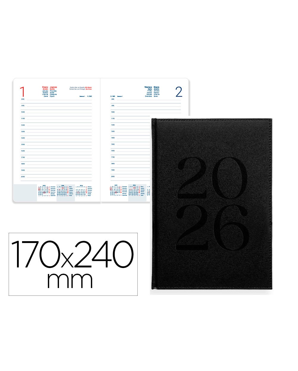Agenda encuadernada liderpapel creta 170x240 mm 2026 dia pagina negro papel 70 gr