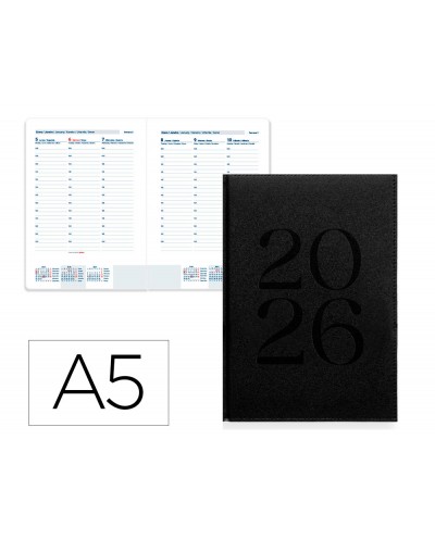 Agenda encuadernada liderpapel creta 150x210 mm 2026 semana vista negro papel 70 gr
