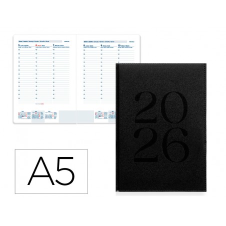 Agenda encuadernada liderpapel creta 150x210 mm 2026 semana vista negro papel 70 gr
