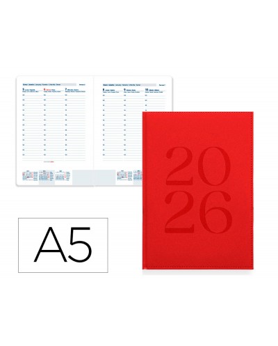 Agenda encuadernada liderpapel creta 150x210 mm 2026 semana vista rojo papel 70 gr