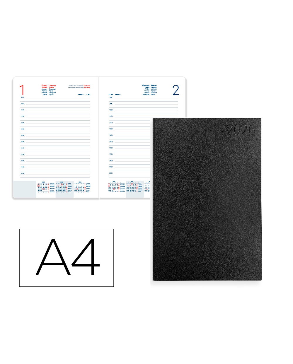 Agenda encuadernada liderpapel corfu a4 2026 dia pagina negro papel 60 gr