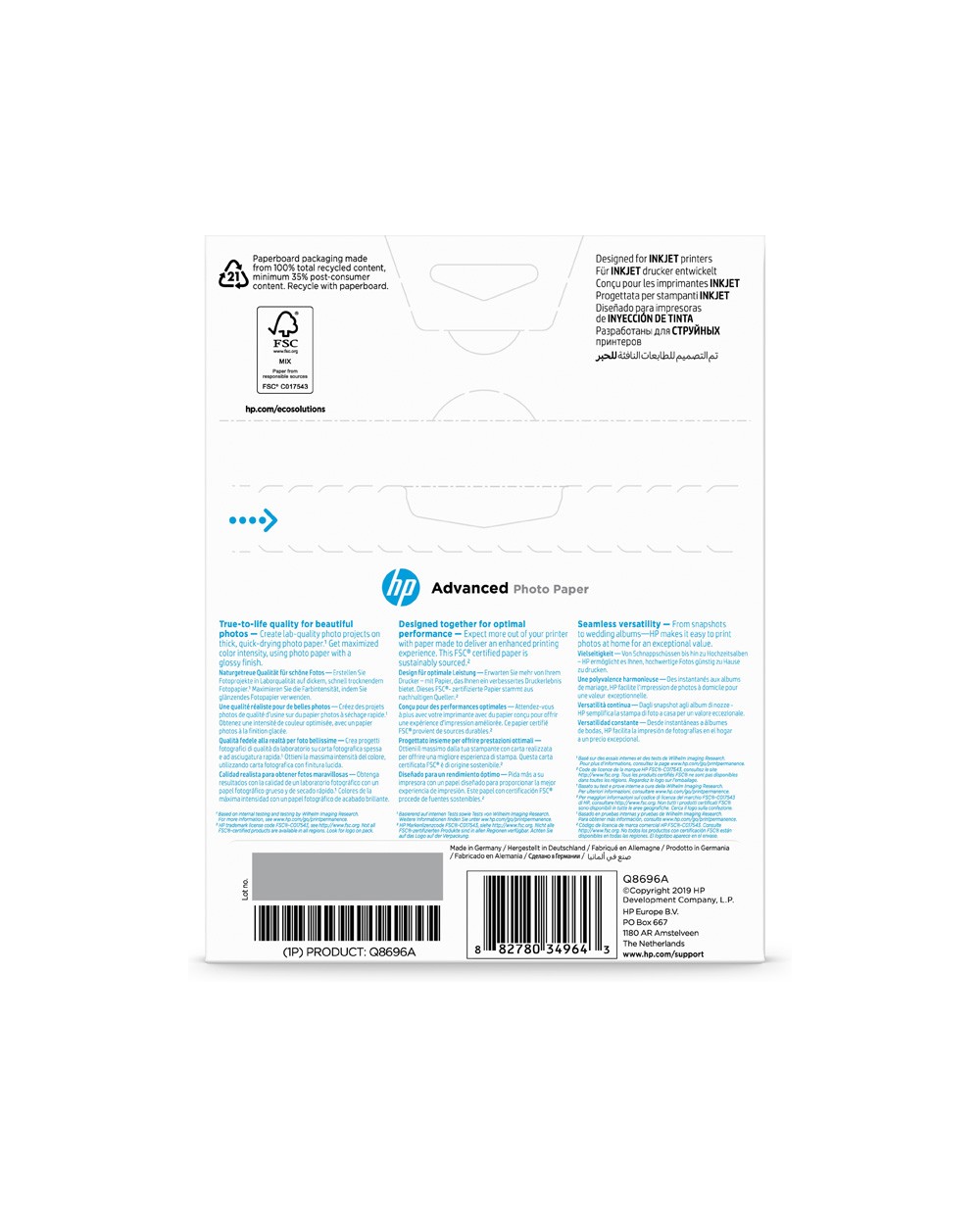 Papel fotografico hp satinado 13x18 cm 250 gr pack de 25 unidades