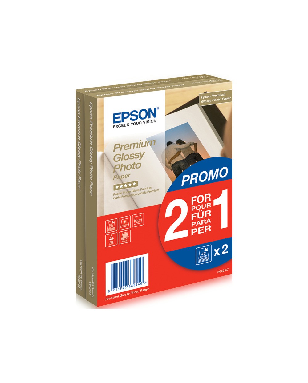 Papel fotografico epson premium photo brillo 10x15 cm 255 gr 2 x pack 40 hojas