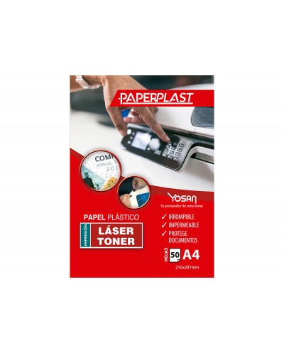 Papel plastico yosan paperplast poliester blanco brillo din a4 120 mc imprimible paquete de 50 hojas