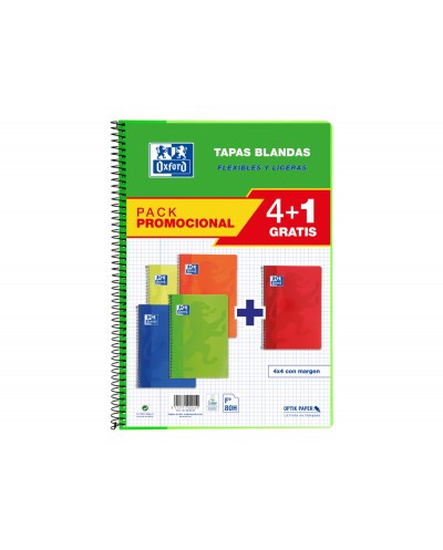 Bloc espiral oxford tapa blanda folio 80 hojas 90gr cuadro 4 mm colores vivos pack de 41