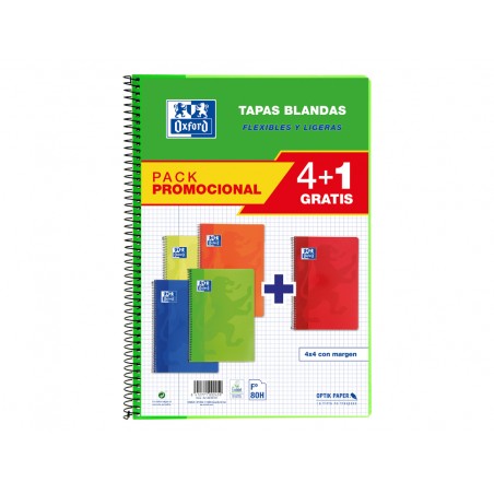 Bloc espiral oxford tapa blanda folio 80 hojas 90gr cuadro 4 mm colores vivos pack de 41