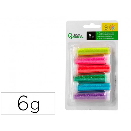 Purpurina liderpapel biodegradable fantasia bote de 6 gr colores metalicos pasteles surt blister de 6 und